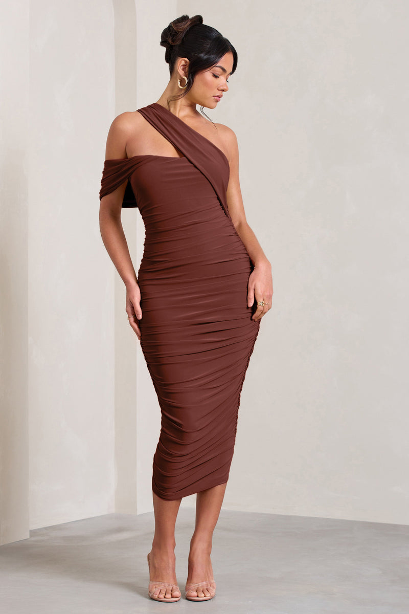 Cici Brown Asymmetric One Shoulder Ruched Midi Dress Club L