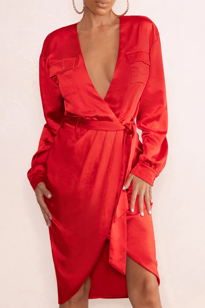 True Romance Red Satin Plunge Neck Midi Dress With Belt Detail