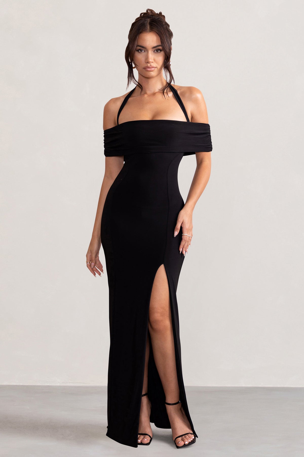 Law of Attraction Black Bardot Draped Split Maxi Dress – Club L London - USA