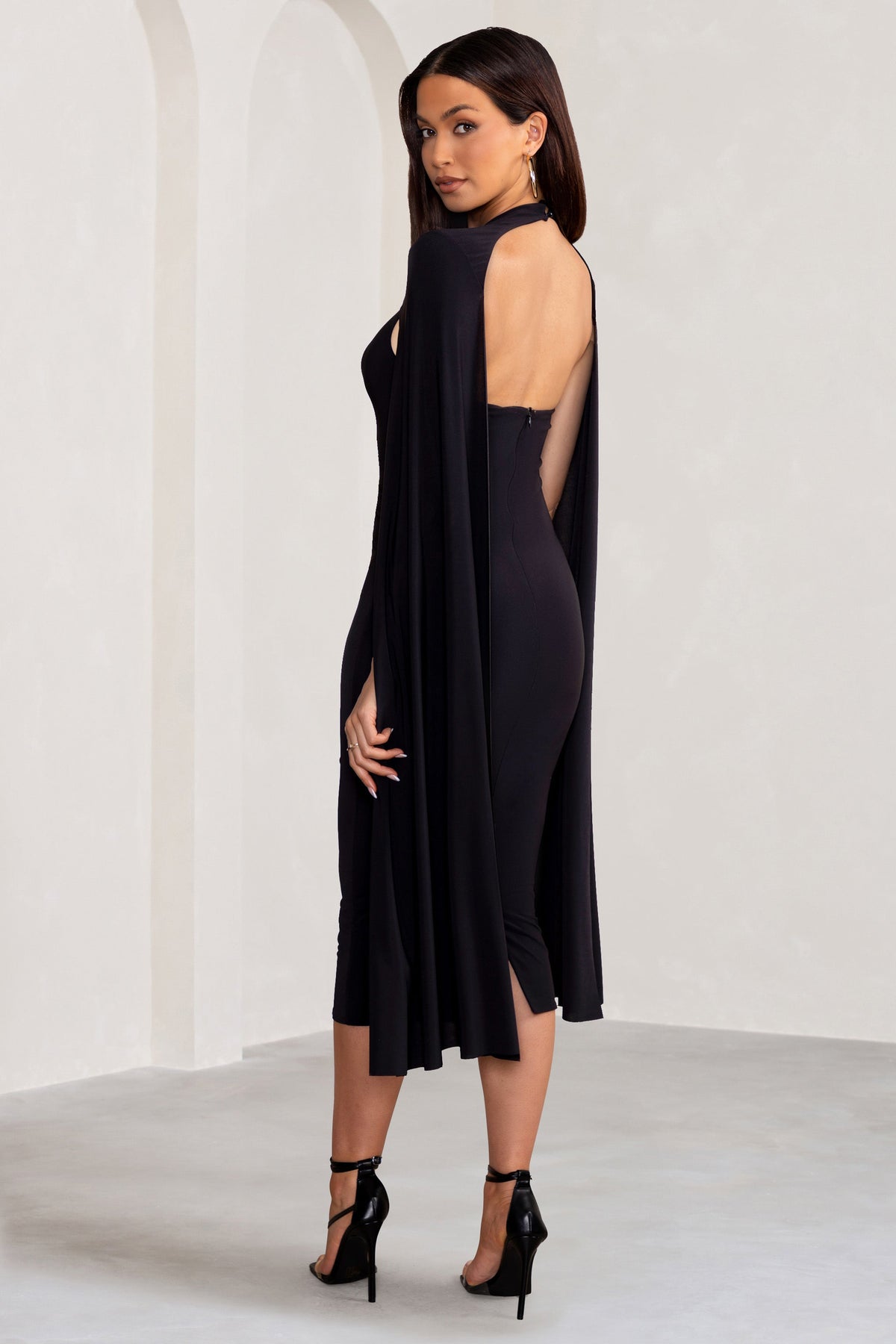 Midi dress with cape sale overlay