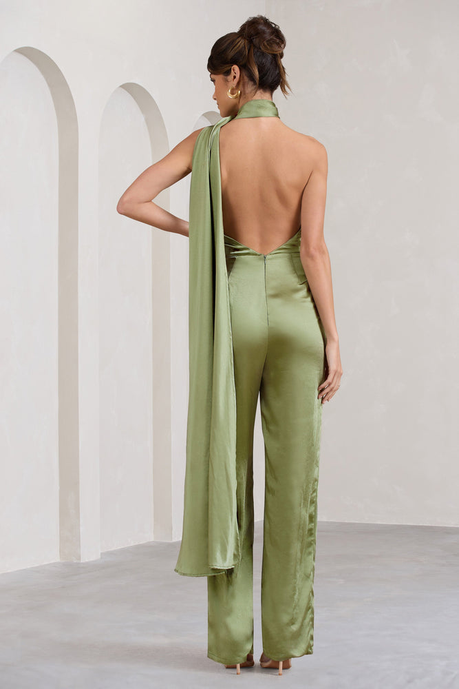 Cascada Olive Green Satin Wide Leg Jumpsuit With Statement Scarf