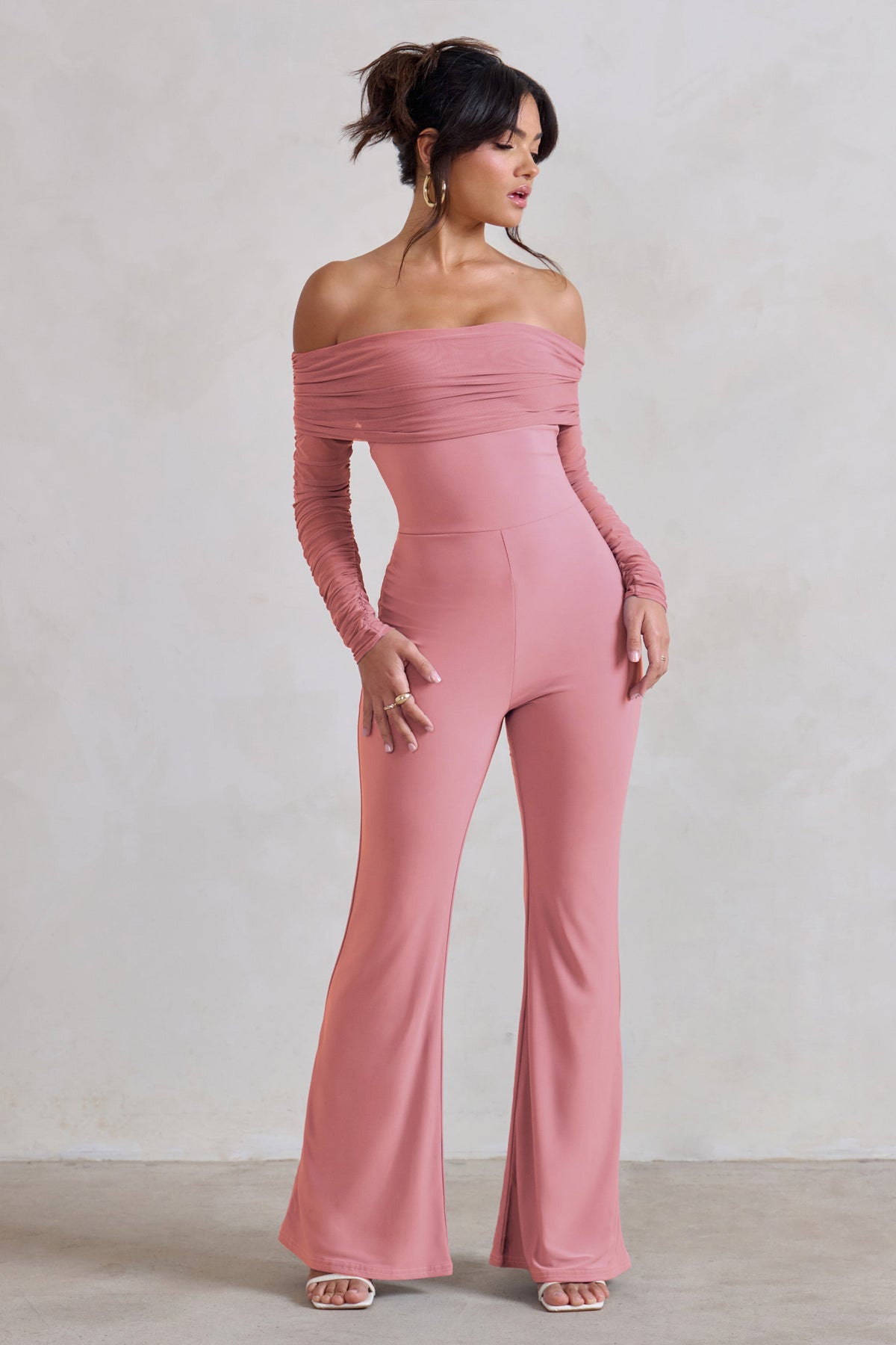 Whisper Powder Pink Ruched Mesh Bardot Jumpsuit Club L London IRE