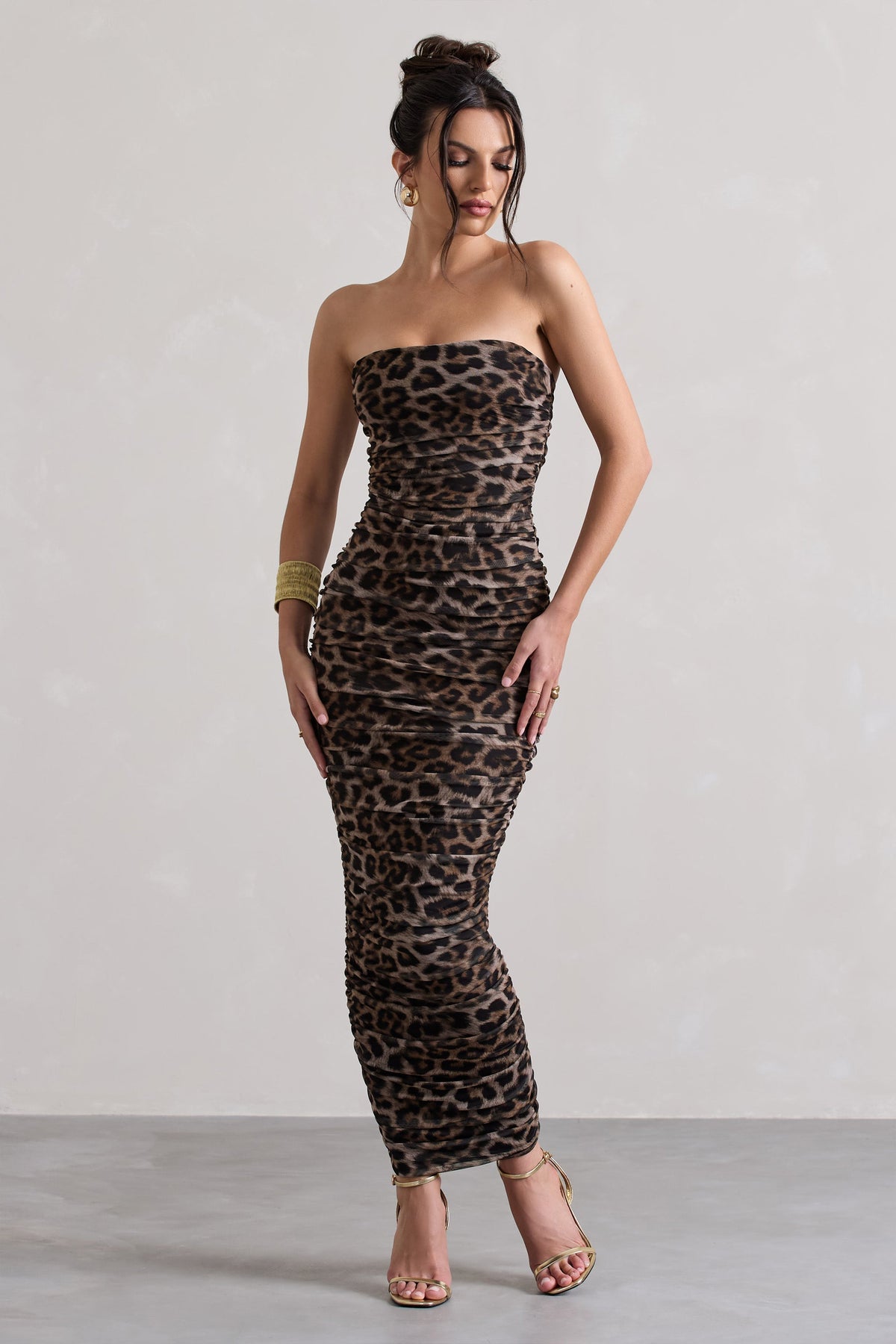 My Lady Leopard Print Strapless Bodycon Ruched Mesh Midi Dress Club L London IRE