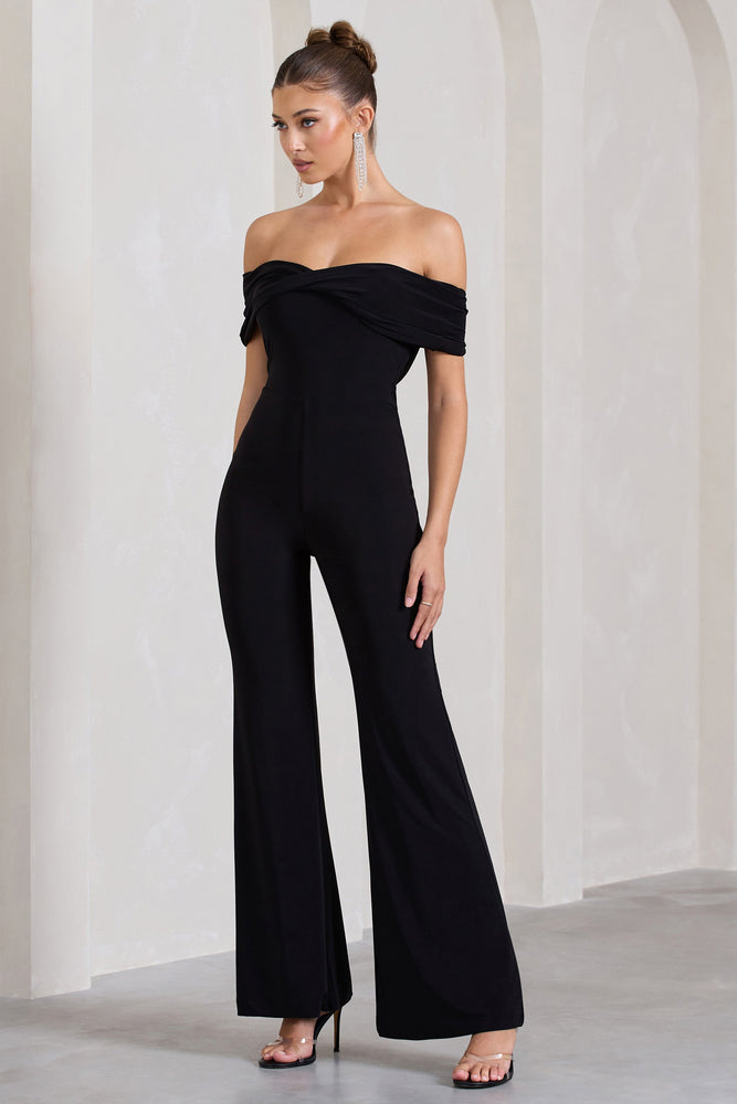 Gemma Black Bardot Open-Back Flared-Leg Jumpsuit – Club L London - IRE