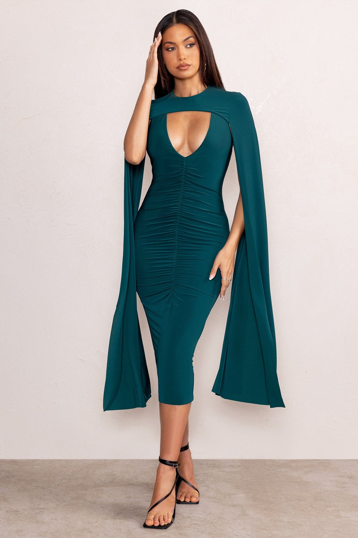 Midi dress with cape sale overlay