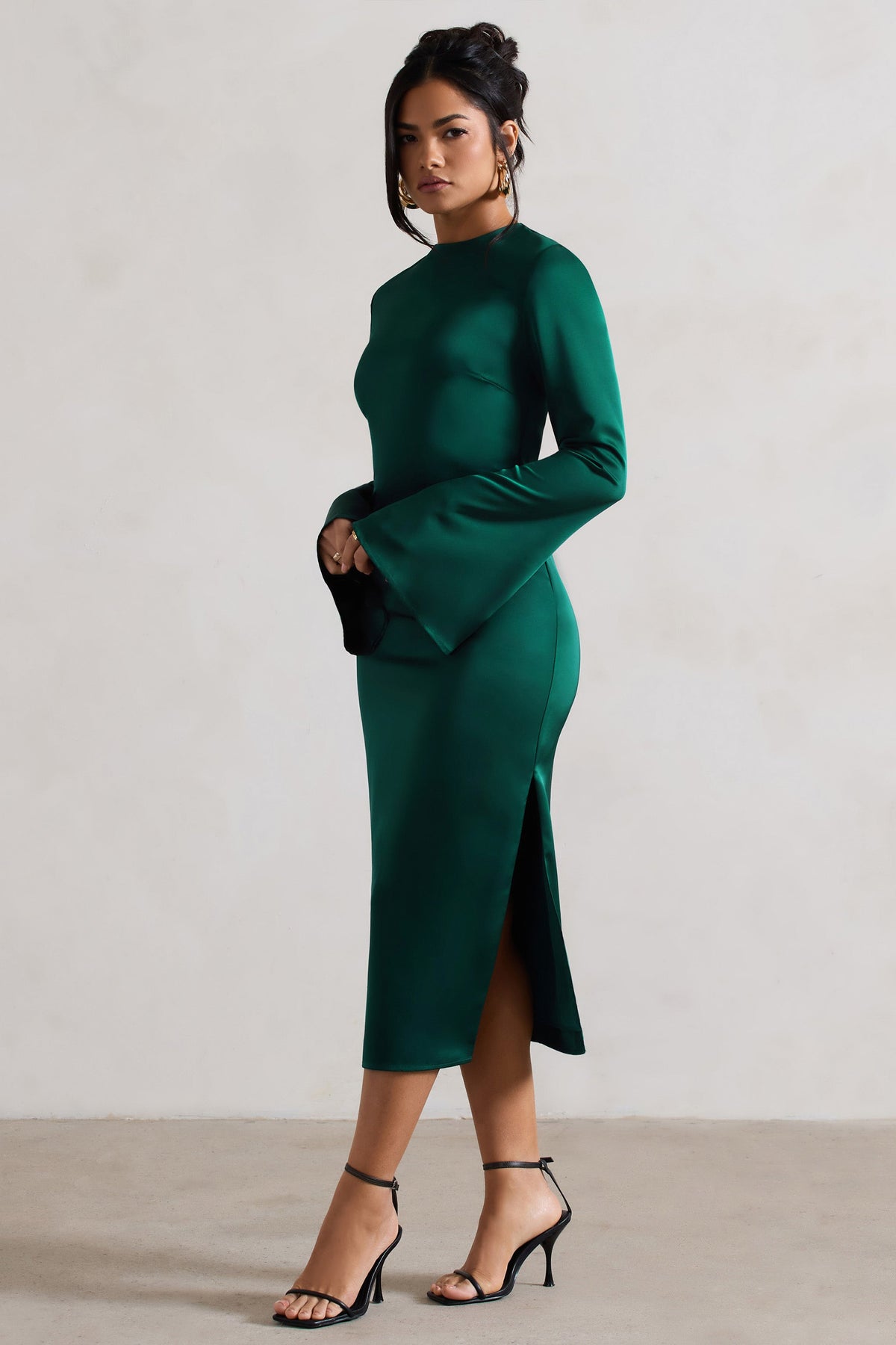 Zaina Bottle Green Long Sleeve Midi Dress with High Neckline Club L London IRE