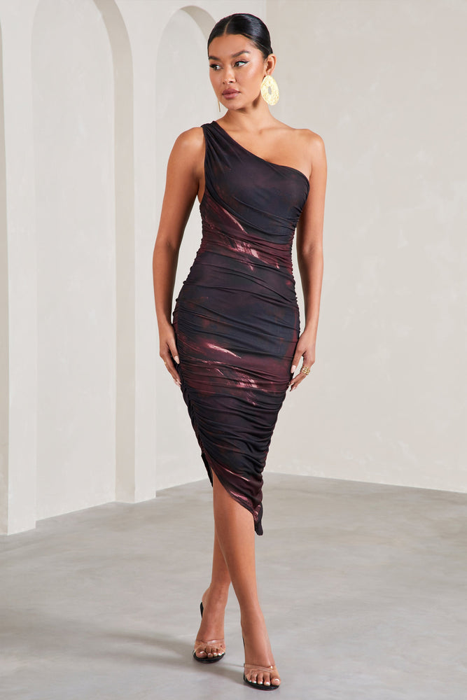 Madame Berry Red Satin Asymmetric Scarf Neck Backless Midi Dress