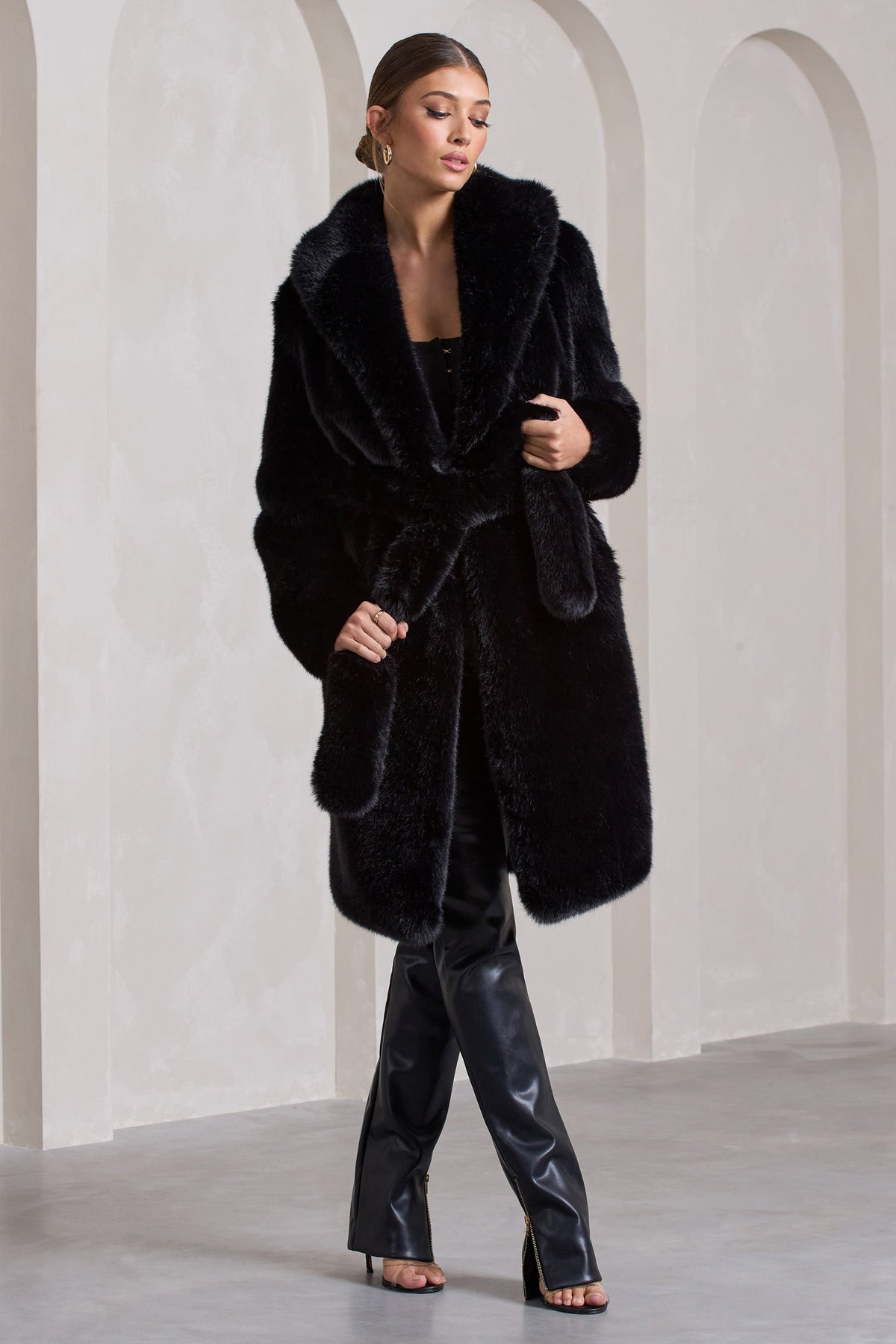 Belted Faux Fur Hooded Coat Black