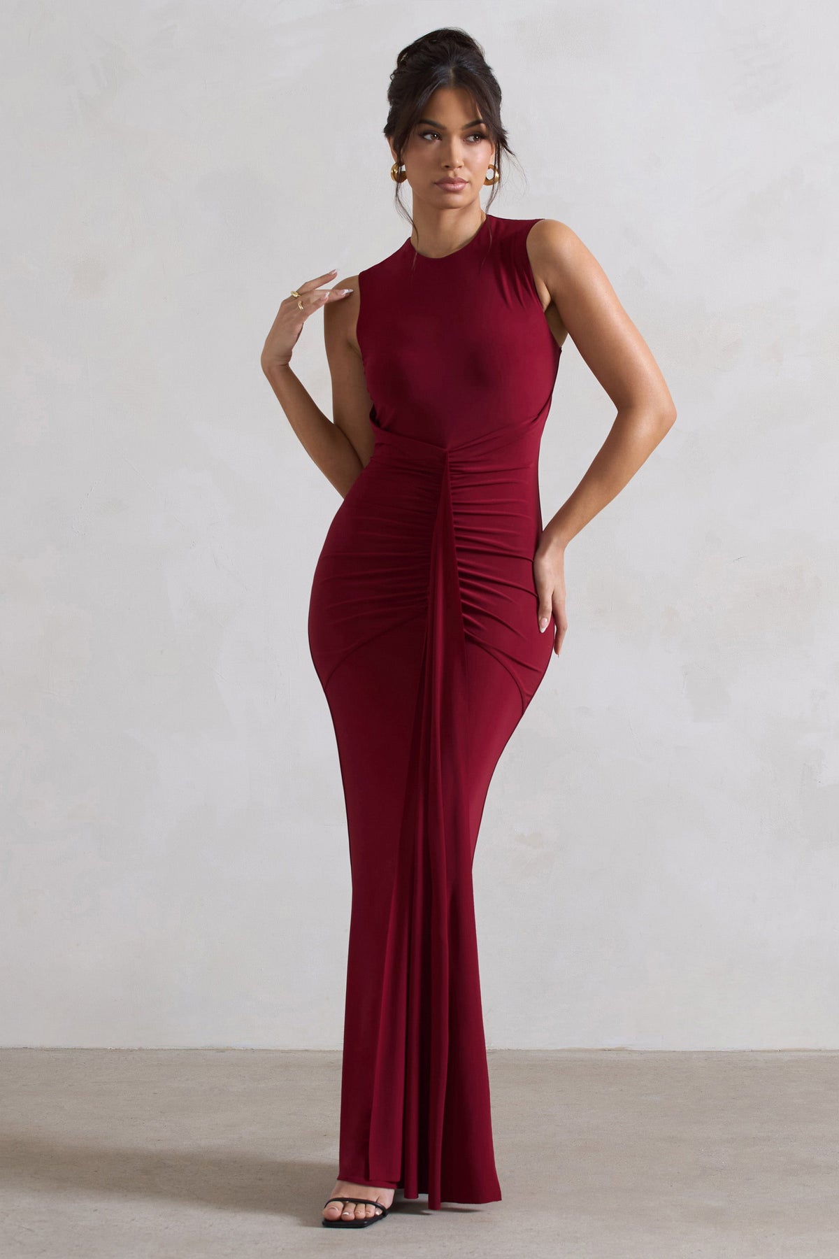 Dazzling Red Satin Cross Over Halter Neck Midi Dress – Club L