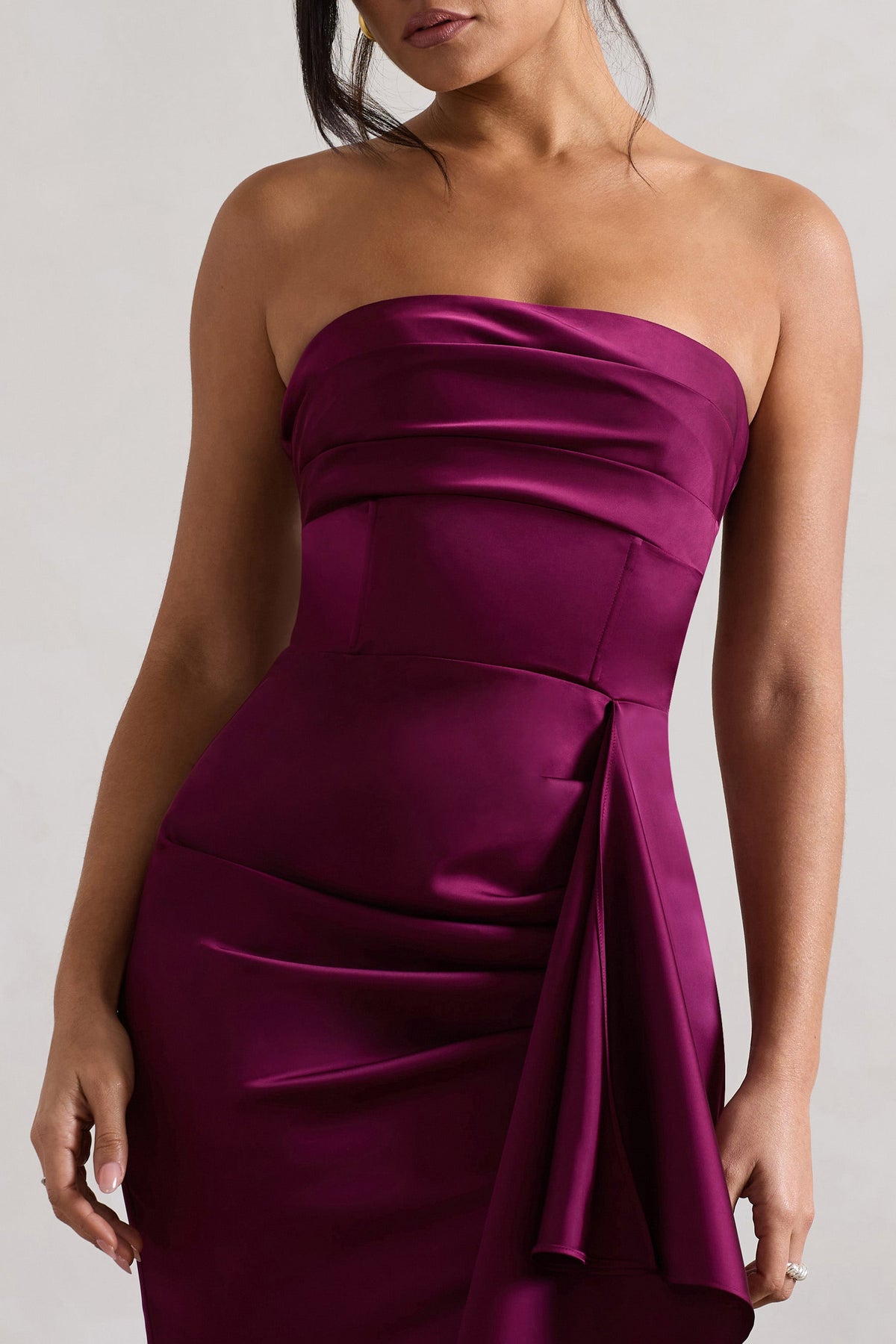 Ace Plum Satin Bandeau Split Maxi Dress With Ruffle Drape – Club L