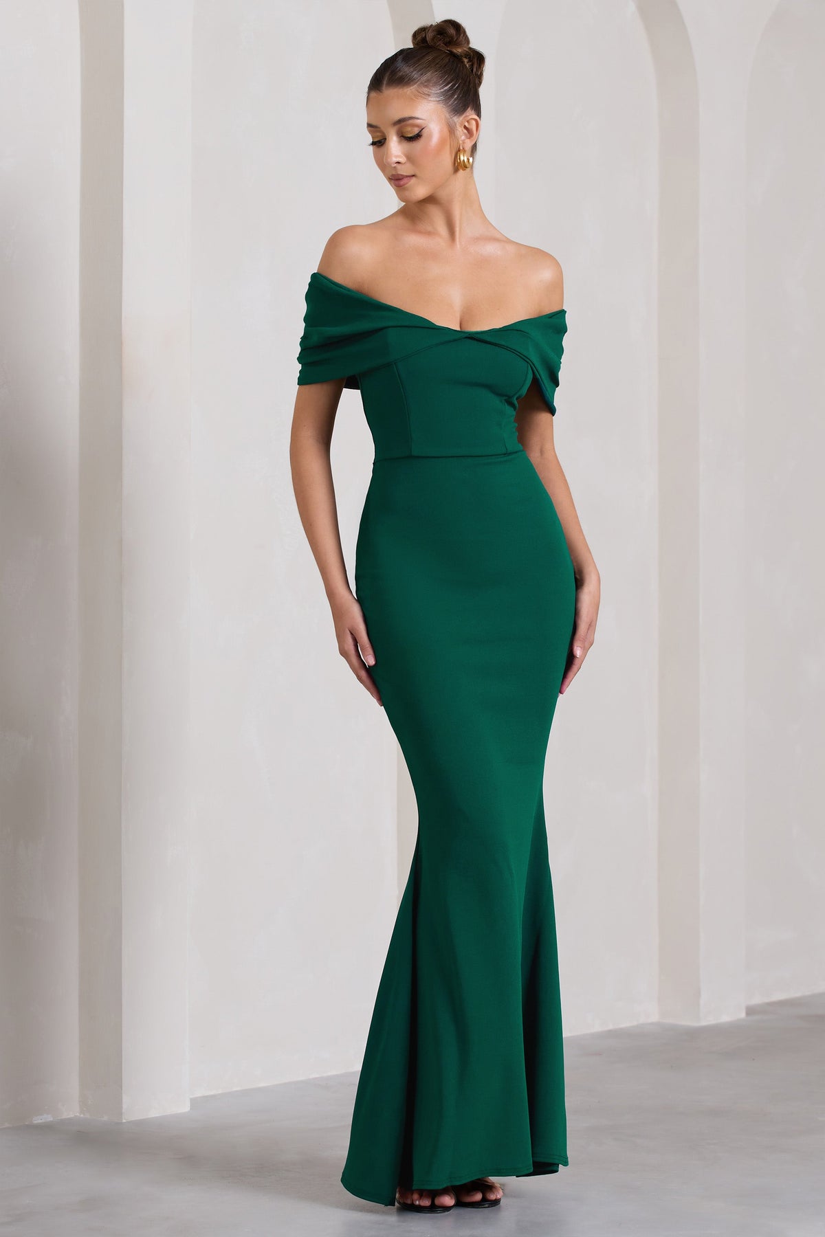 Bottle green bardot ruched fishtail maxi dress hotsell