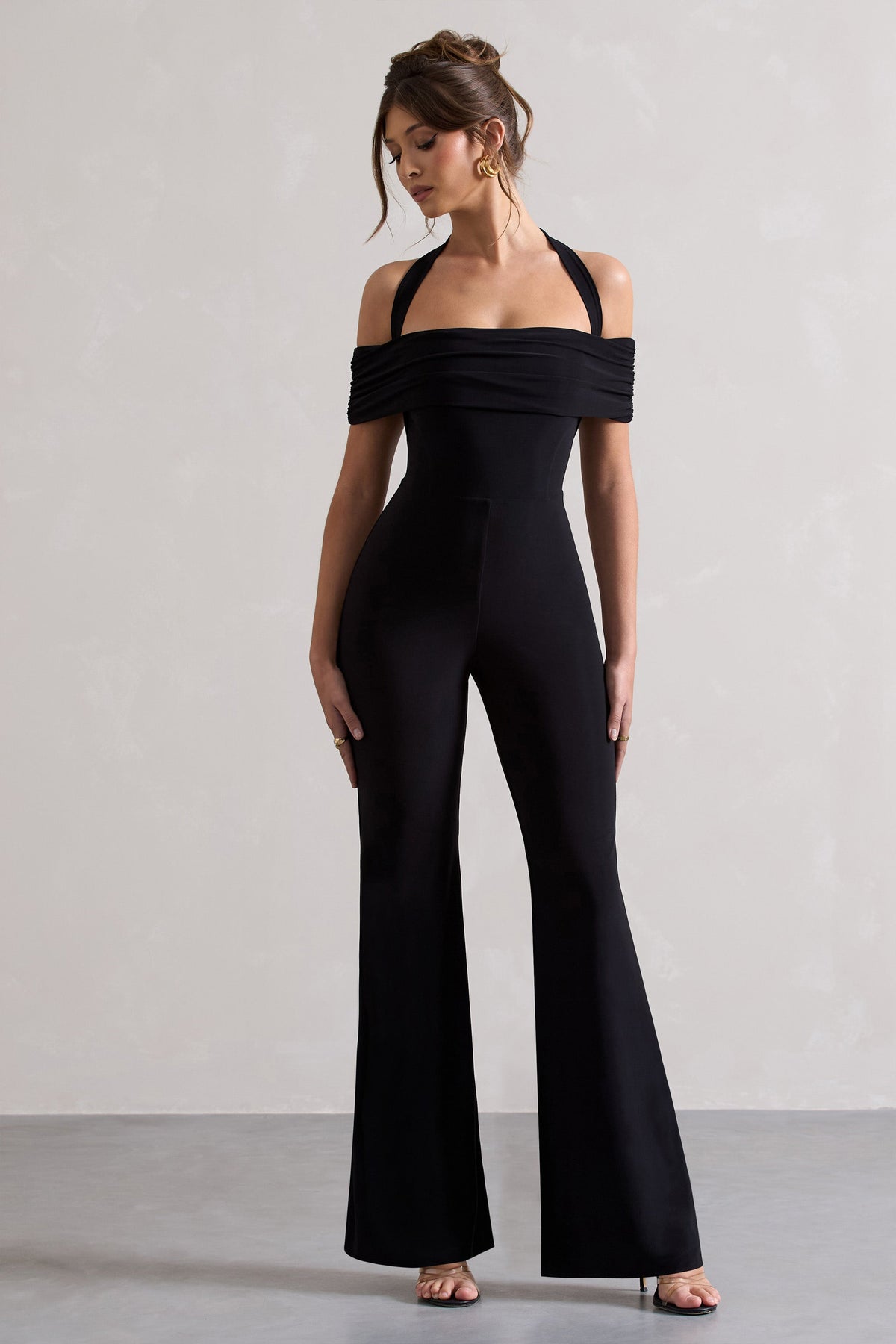 Mara Black Bardot Halter-Neck Flared-Leg Jumpsuit – Club L London