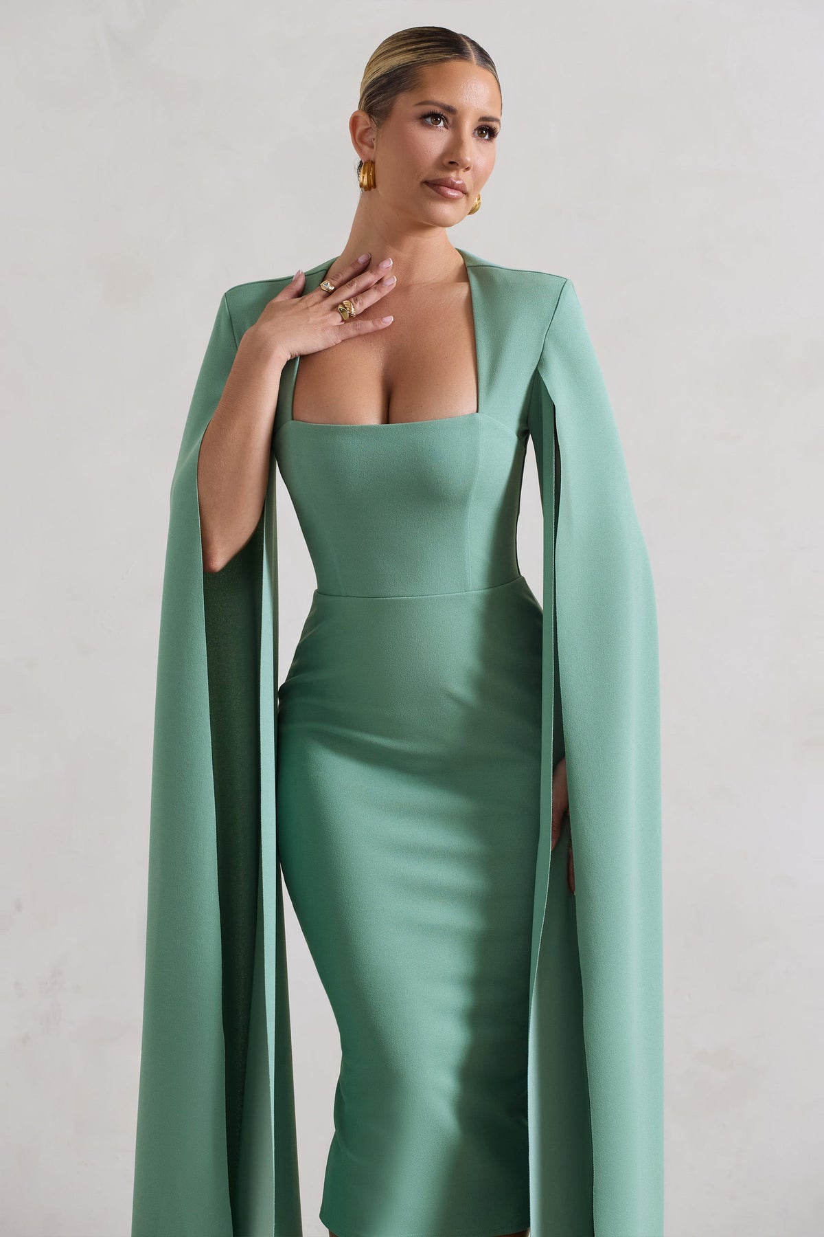 Seductress Bottle Green Square Neck Bodycon Midi Dress With Long