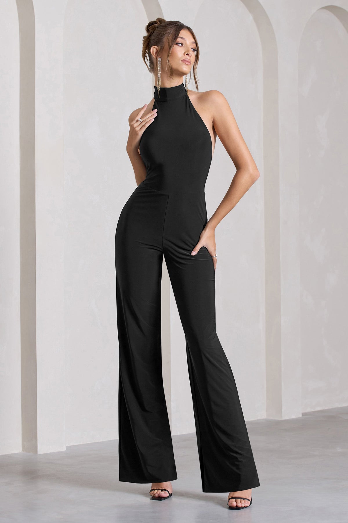 Halter neck jumpsuit wide sale leg