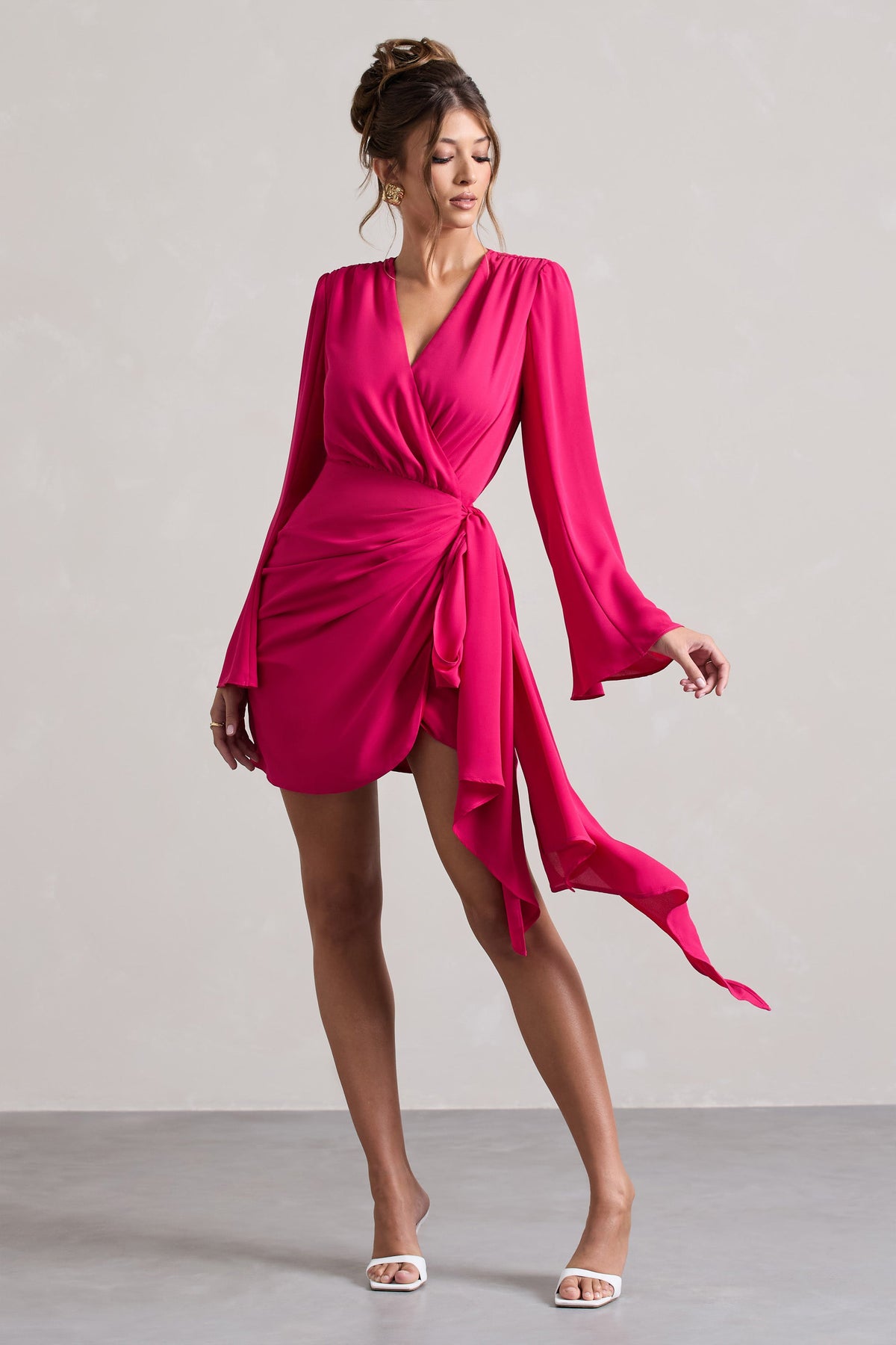 Alinta Hot Pink Long Sleeve Wrap Mini Dress Club L London IRE