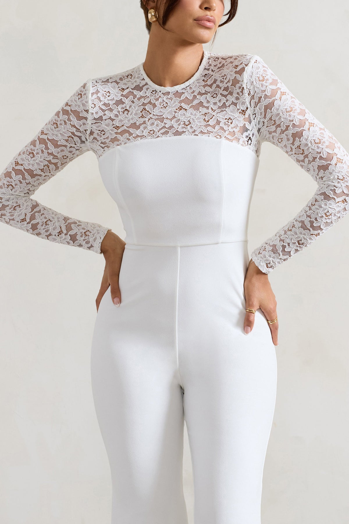 Amari White Lace Long Sleeve Flared Leg Jumpsuit Club L London IRE