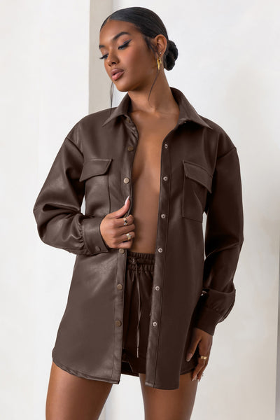 For Keeps Brown Faux Leather Oversized Utility Shirt – Club L