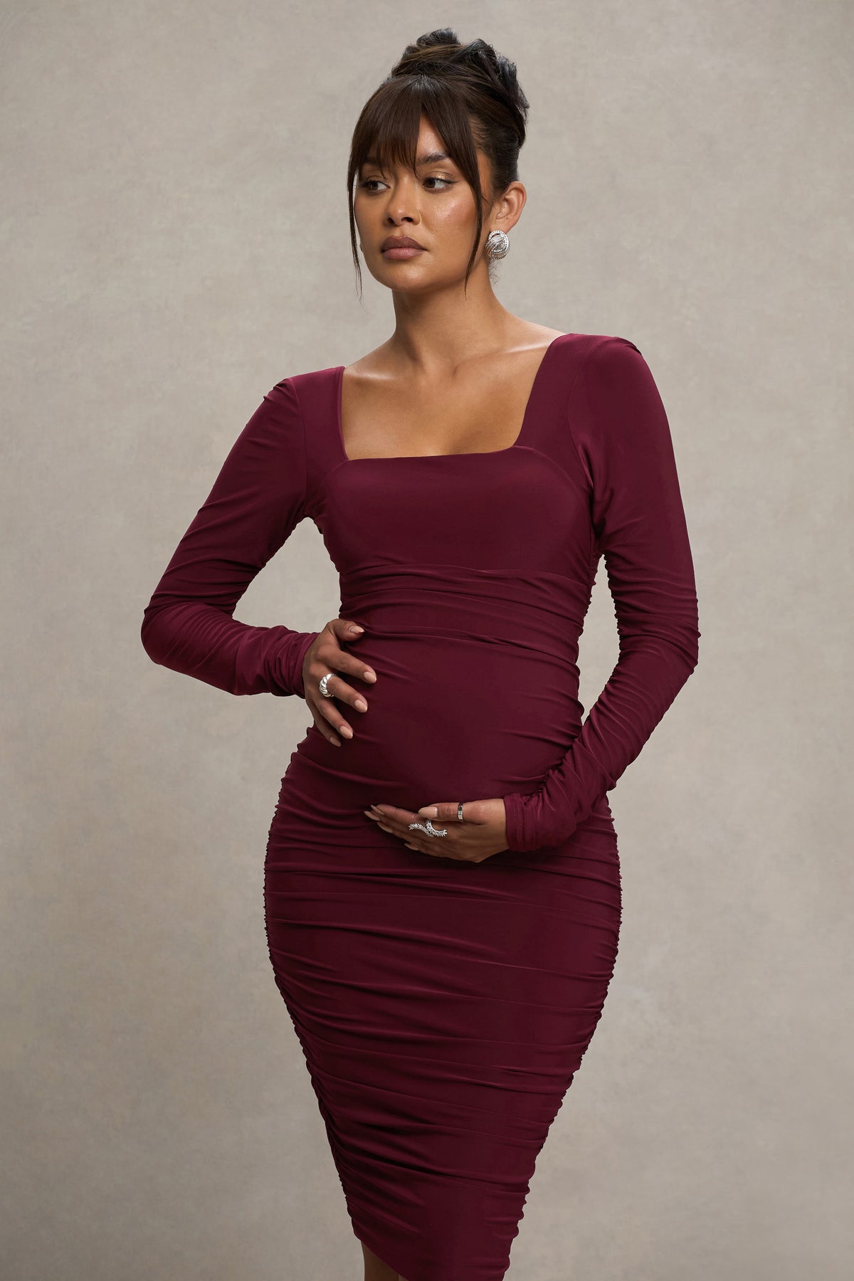 Burgundy ruched midi dress best sale