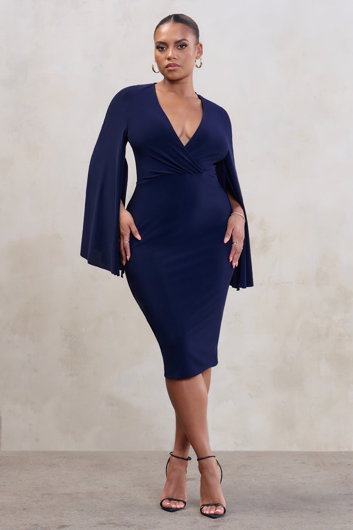 Navy cape style wrap midi clearance dress