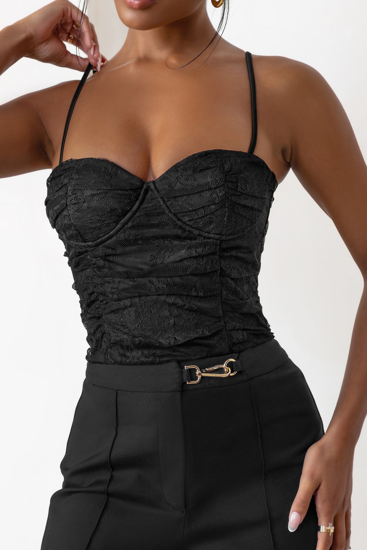 Talulla Black Lace Ruched Mesh Top With Bra Cup Detail – Club L London - IRE