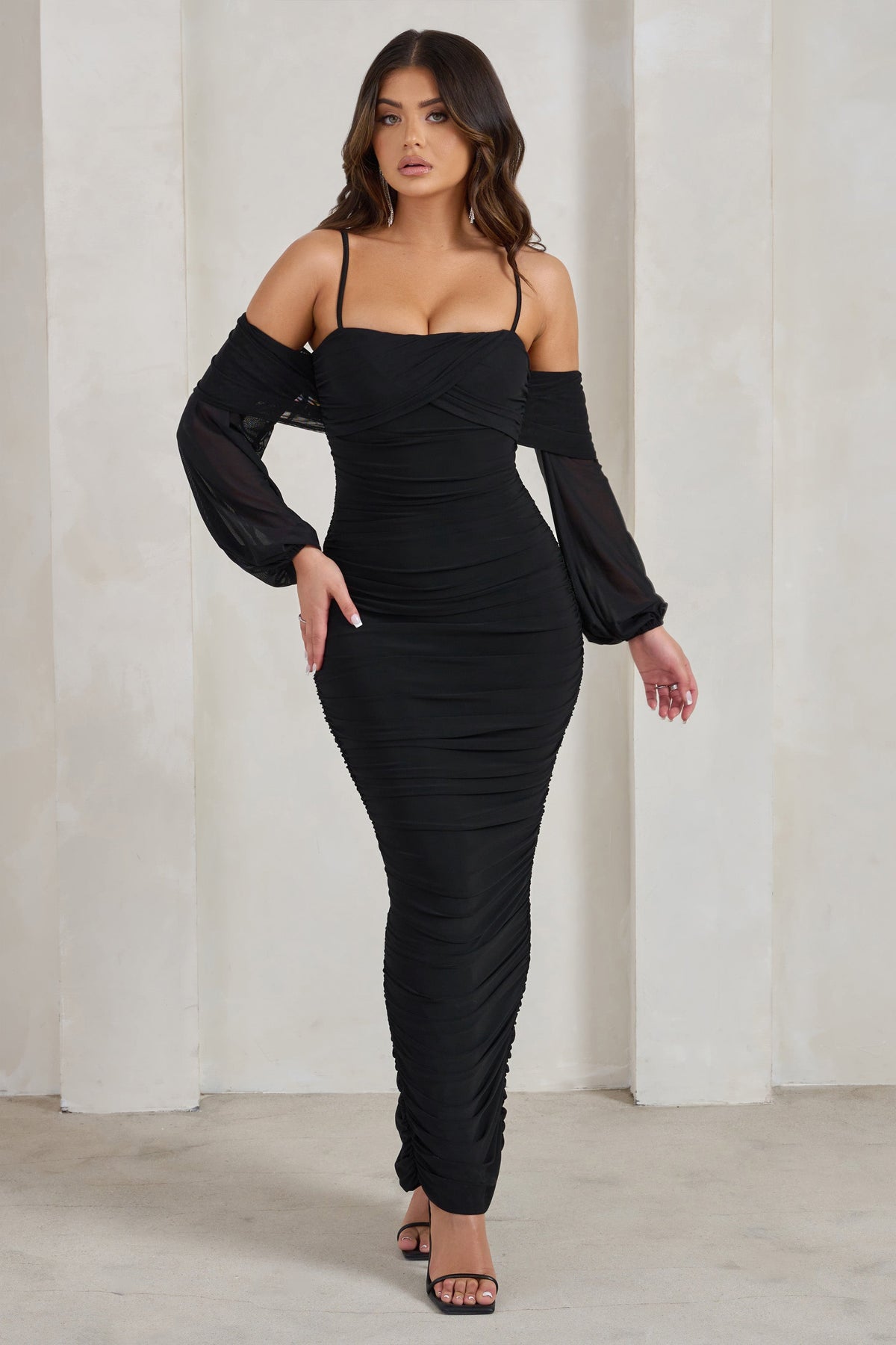 Black ruched outlet bardot dress